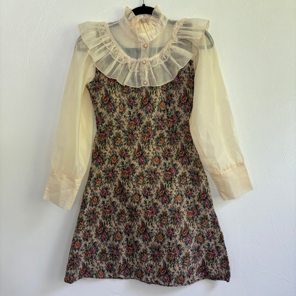 Vintage Tapestry Floral Prarie Victorian Dress Long Sleeve Ruffle Cottage XS